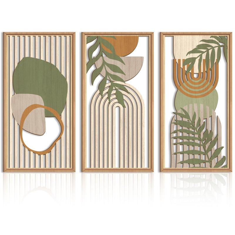 IARTTOP Large Boho Wood Wall Art Framed Mid-century Modern Wooden Wall Decor Set of 3 Green Bohemian Abstract Wall Art Decor For Bedroom Living Room Office-16 x32 - Image 1