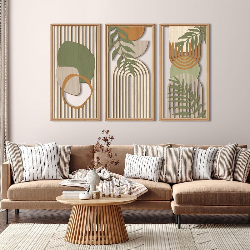 IARTTOP Large Boho Wood Wall Art Framed Mid-century Modern Wooden Wall Decor Set of 3 Green Bohemian Abstract Wall Art Decor For Bedroom Living Room Office-16 x32 - Image 2