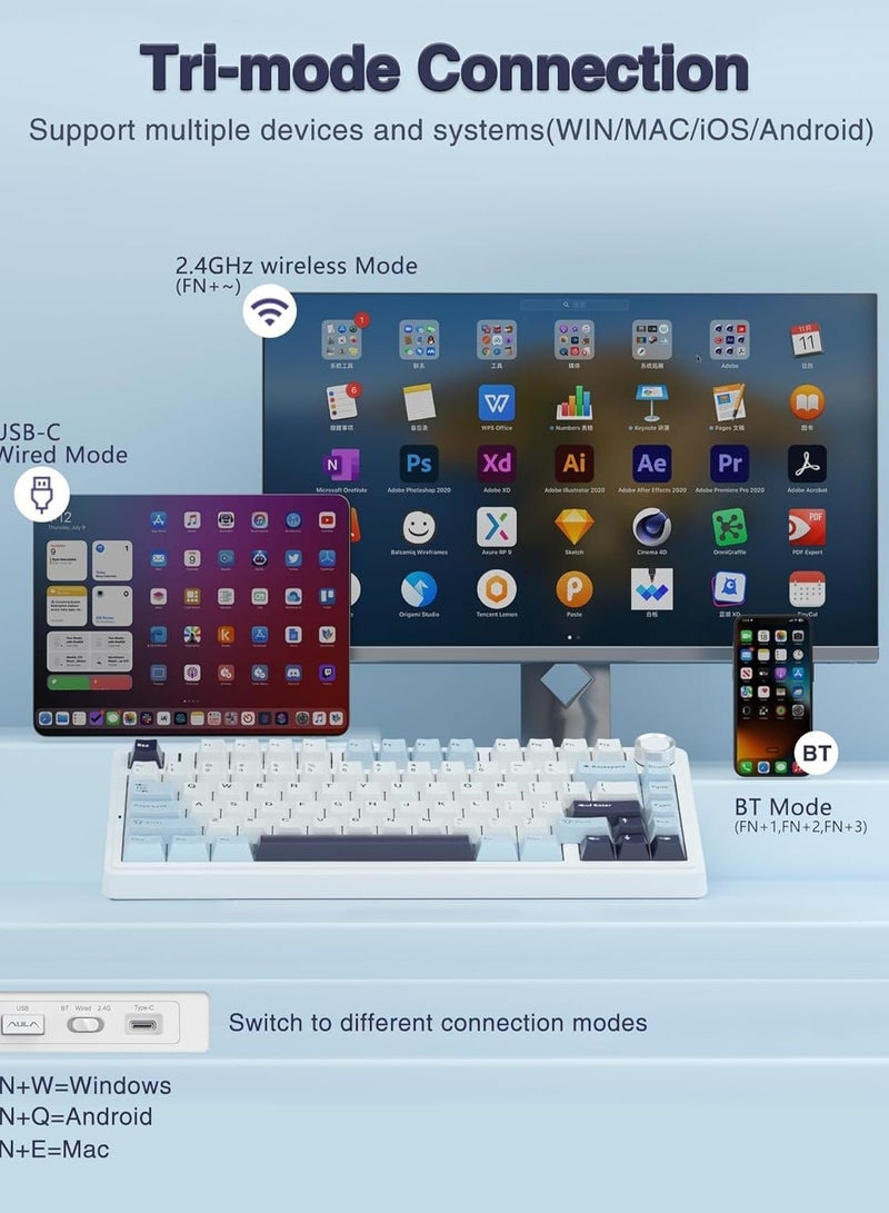 أولا كيبورد قيمنق F75 75%، لوحة مفاتيح ميكانيكية لاسلكية، لوحة مفاتيح كريمية قابلة للتبديل السريع، مفاتيح رمادية مُزلقة مسبقًا، لوحات مفاتيح ألعاب بإضاءة خلفية RGB، 3 أوضاع (2.4 جيجاهرتز/Type-C/BT5.0)، أسود - Image 5