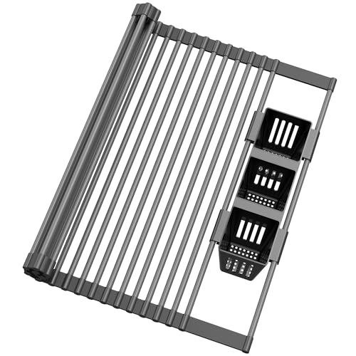 Roll Up Dish Drying Rack Silicone Wrapped Over The Sink Multipurpose Foldable Dish Drainer AntiSlip Dish Racks for Kitchen Counter Sink Drying Rack Cover with Utensil Holder Black 173 x 176