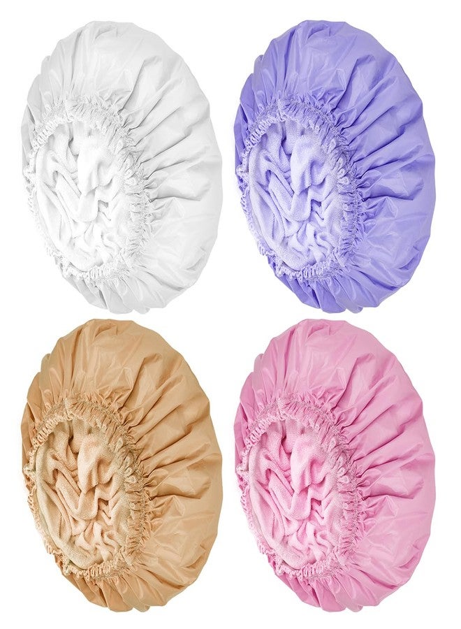 CHFONG Shower Caps for Women, 4 PCS Terry Lined Bath Caps, Cloth Shower Cap Reusable Waterproof, Towel Bathing Shower Caps - White Gold Pink Purple - Image 1