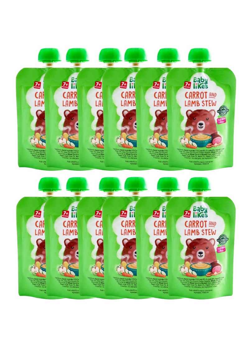 Babylikes Halal Baby Food Pouch - Carrot & Lamb Stew 130g Stage 2 Organic Baby Puree for 7+ months - 12-Pack - Image 1