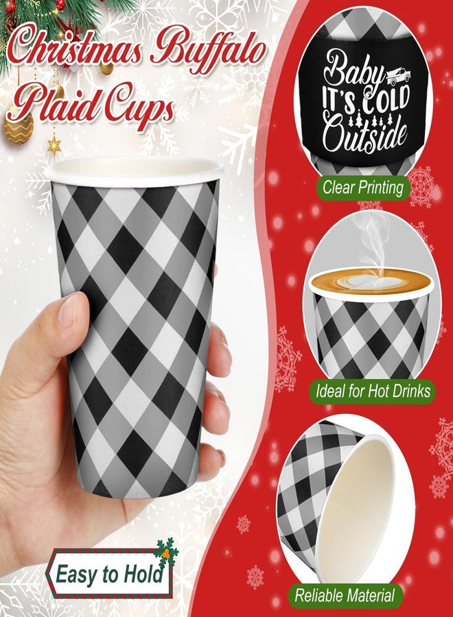Layhit 100 Pcs Christmas Buffalo Plaid Coffee Cups Christmas Paper Cups Disposable with Lids Sleeves and Stirring Straws for Winter Christmas Hot Cocoa Party Supplies (Black and White,12 oz) - Image 4
