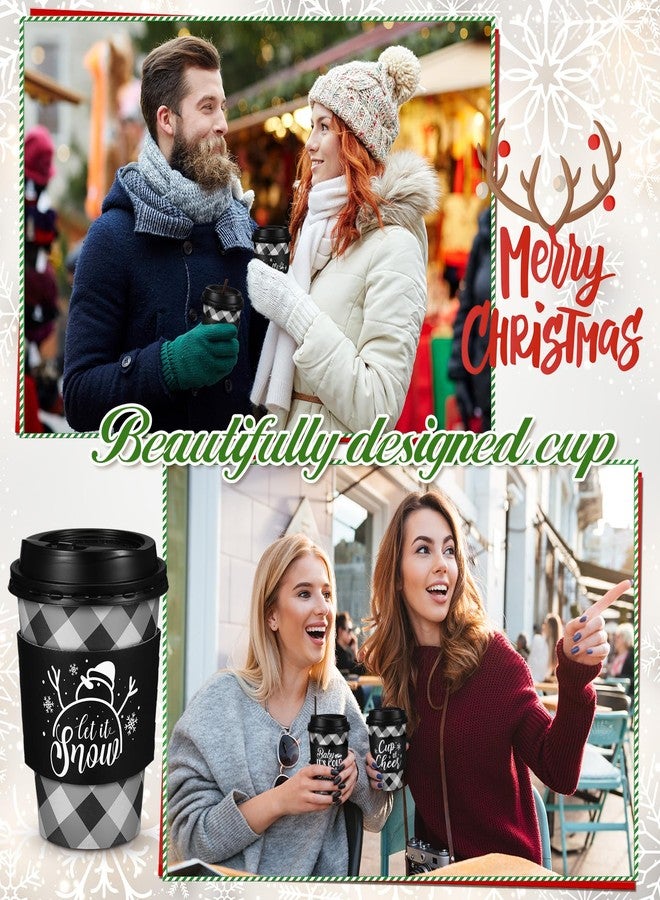 Layhit 100 Pcs Christmas Buffalo Plaid Coffee Cups Christmas Paper Cups Disposable with Lids Sleeves and Stirring Straws for Winter Christmas Hot Cocoa Party Supplies (Black and White,12 oz) - Image 5
