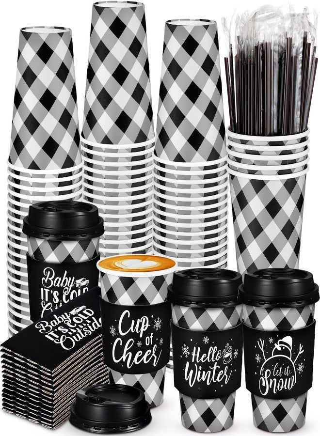 Layhit 100 Pcs Christmas Buffalo Plaid Coffee Cups Christmas Paper Cups Disposable with Lids Sleeves and Stirring Straws for Winter Christmas Hot Cocoa Party Supplies (Black and White,12 oz) - Image 1