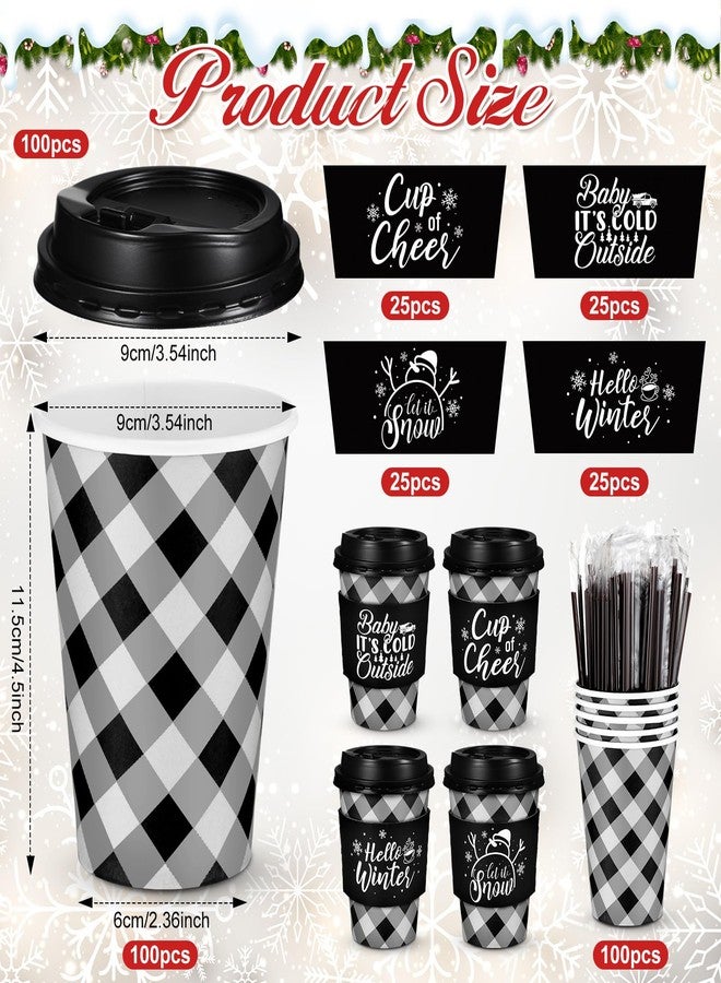 Layhit 100 Pcs Christmas Buffalo Plaid Coffee Cups Christmas Paper Cups Disposable with Lids Sleeves and Stirring Straws for Winter Christmas Hot Cocoa Party Supplies (Black and White,12 oz) - Image 3