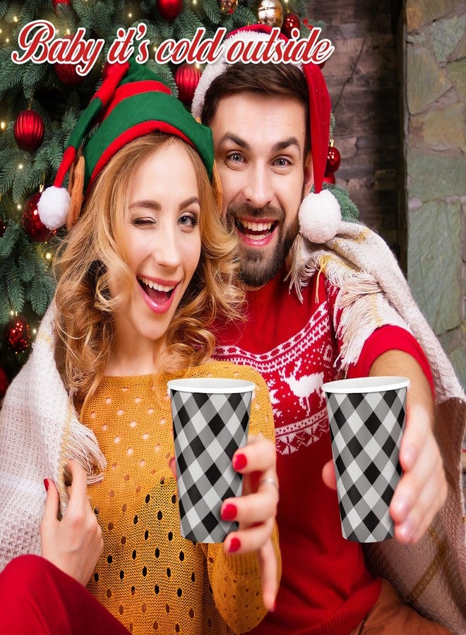 Layhit 100 Pcs Christmas Buffalo Plaid Coffee Cups Christmas Paper Cups Disposable with Lids Sleeves and Stirring Straws for Winter Christmas Hot Cocoa Party Supplies (Black and White,12 oz) - Image 2