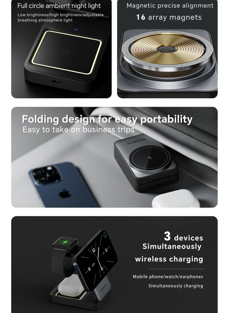 Wireless Charger, Apple Watch Charger, Magnetic Charger for Iphone, Iphone Charging Station, Dock Charger, 3-in-1 Foldable - Fast Charging, Suitable for iPhone/Apple Watch/AirPods, Adjustable Night Light, Portable Stand, Portable Travel, Suitable for Apple/Samsung/Huawei/Xiaomi and other mobile phones/earphones with magnetic charging function (Silver)  - Image 5