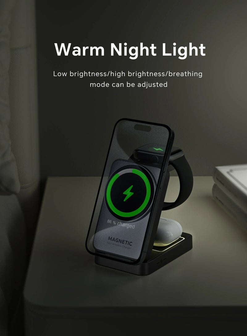 Wireless Charger, Apple Watch Charger, Magnetic Charger for Iphone, Iphone Charging Station, Dock Charger, 3-in-1 Foldable - Fast Charging, Suitable for iPhone/Apple Watch/AirPods, Adjustable Night Light, Portable Stand, Portable Travel, Suitable for Apple/Samsung/Huawei/Xiaomi and other mobile phones/earphones with magnetic charging function (Silver)  - Image 3