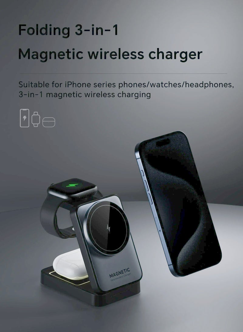 Wireless Charger, Apple Watch Charger, Magnetic Charger for Iphone, Iphone Charging Station, Dock Charger, 3-in-1 Foldable - Fast Charging, Suitable for iPhone/Apple Watch/AirPods, Adjustable Night Light, Portable Stand, Portable Travel, Suitable for Apple/Samsung/Huawei/Xiaomi and other mobile phones/earphones with magnetic charging function (Silver)  - Image 2