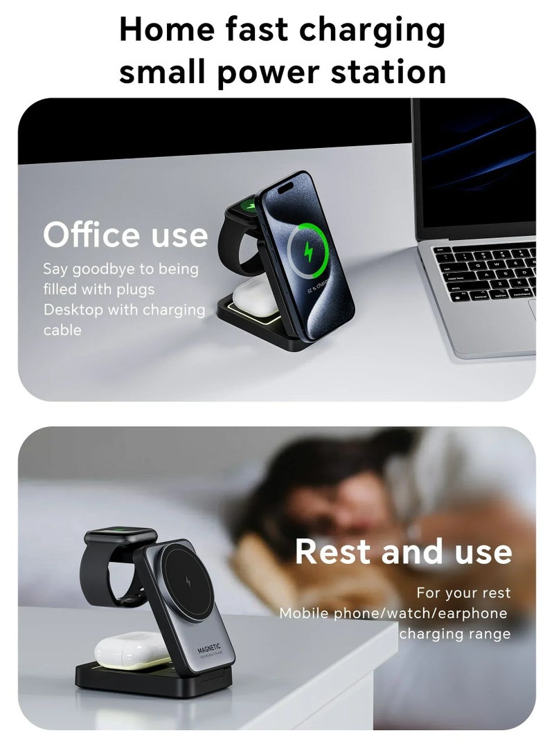 Wireless Charger, Apple Watch Charger, Magnetic Charger for Iphone, Iphone Charging Station, Dock Charger, 3-in-1 Foldable - Fast Charging, Suitable for iPhone/Apple Watch/AirPods, Adjustable Night Light, Portable Stand, Portable Travel, Suitable for Apple/Samsung/Huawei/Xiaomi and other mobile phones/earphones with magnetic charging function (Silver)  - Image 4
