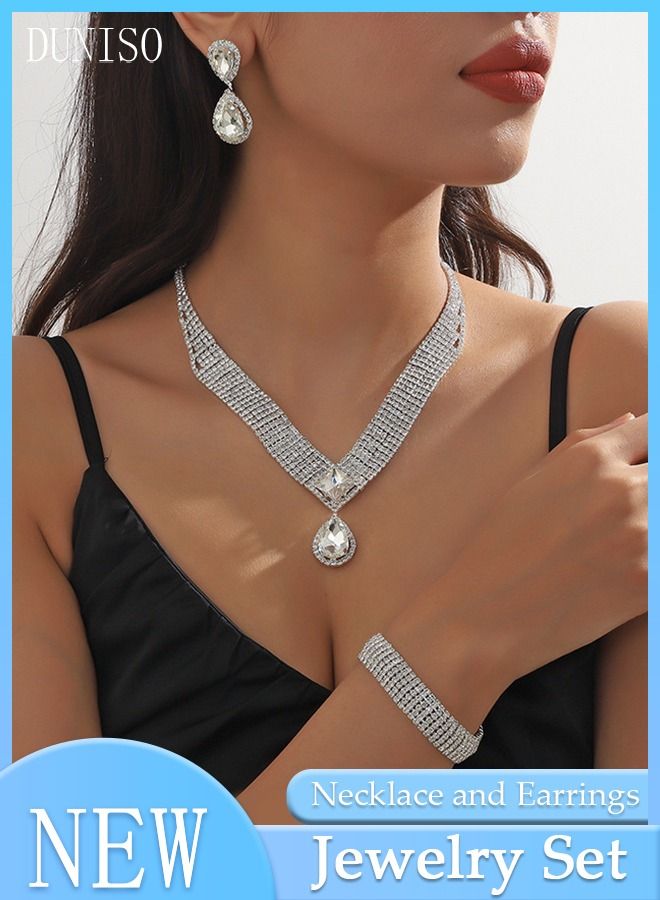 DUNISO 3Piece Jewelry Set With Necklace Bracelet and Earrings Full Diamond V Neck Necklace Crystal Earrings Wedding Bridal Bridesmaid Costume Jewelry Set for Women and Girls Dress Accessories - Image 1