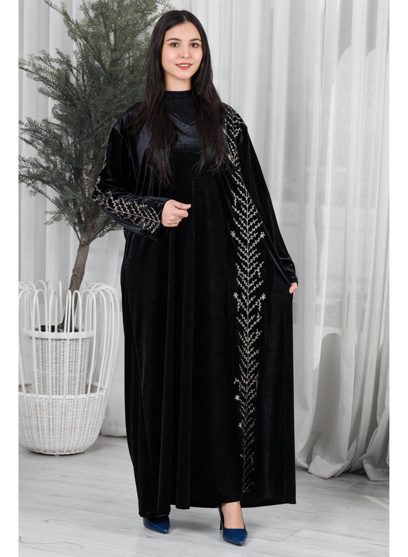 MyesuQ Black velvet galabiya decorated with gold embroidery - Image 1
