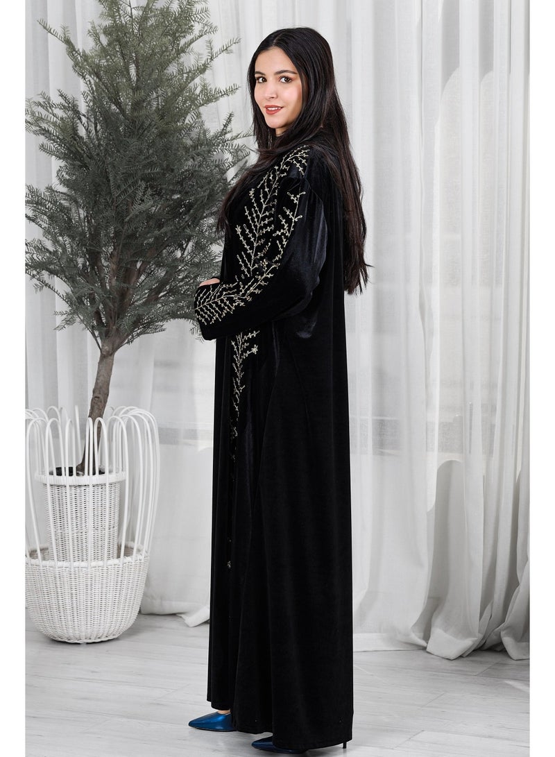 MyesuQ Black velvet galabiya decorated with gold embroidery - Image 2