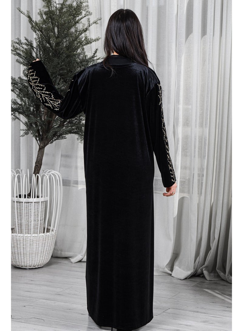 MyesuQ Black velvet galabiya decorated with gold embroidery - Image 3