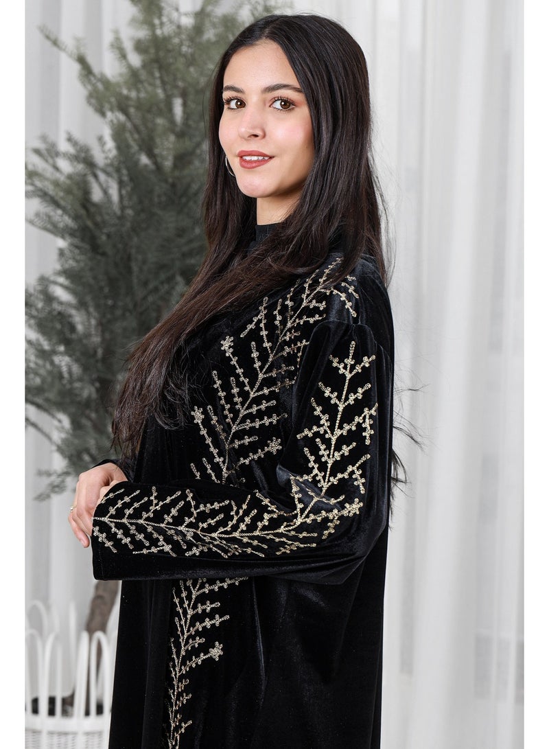 MyesuQ Black velvet galabiya decorated with gold embroidery - Image 4