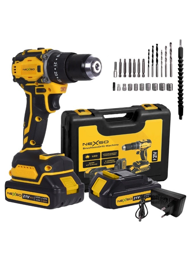 Nexso 21V Cordless Drill Machine with 2-Speed Settings | Adjustable Torque Control, Keyless Chuck & Lithium Battery | Power Drill for Home DIY, Wood, Plastic, and Metal Drilling - Image 1