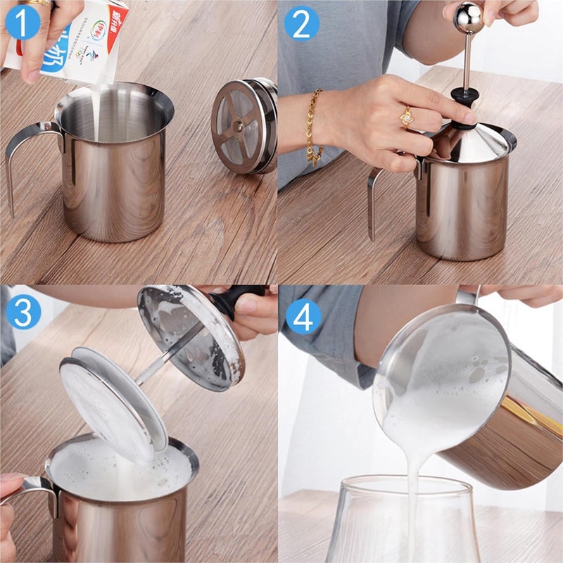 ZURITY Stainless Steel Milk Frother Coffee Frother BlenderManual Coffee Beater for CappuccinoFoam Maker for Hot and Cold Coffee Milk with Double Froth Pump Handle and Lid 400Ml - Image 3