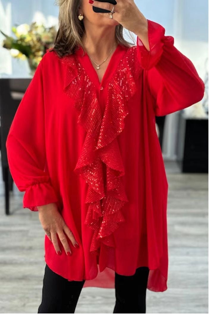 Women's V-Neck Long Sleeve Chiffon Mid-Length Shirt with Sequin Trim - Loose Fit, Solid Color, 2024 Winter Style