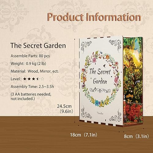 Tonecheer DIY Book Nook Kit for Adults3D Wooden Puzzle Bookend Bookshelf Insert Library Decor Booknook Miniature House Kit with Body Motion Sensor LED Light The Secret Garden - Image 5