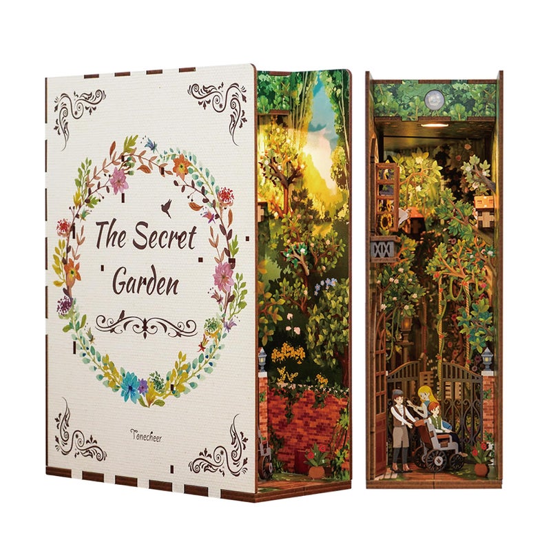 Tonecheer DIY Book Nook Kit for Adults3D Wooden Puzzle Bookend Bookshelf Insert Library Decor Booknook Miniature House Kit with Body Motion Sensor LED Light The Secret Garden - Image 3