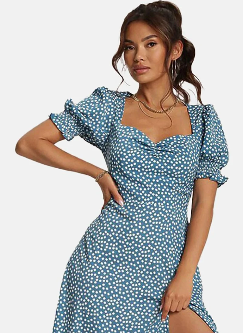 يونيكي Blue Polka Dots A-Line Midi Dress