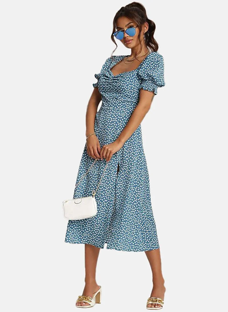 يونيكي Blue Polka Dots A-Line Midi Dress