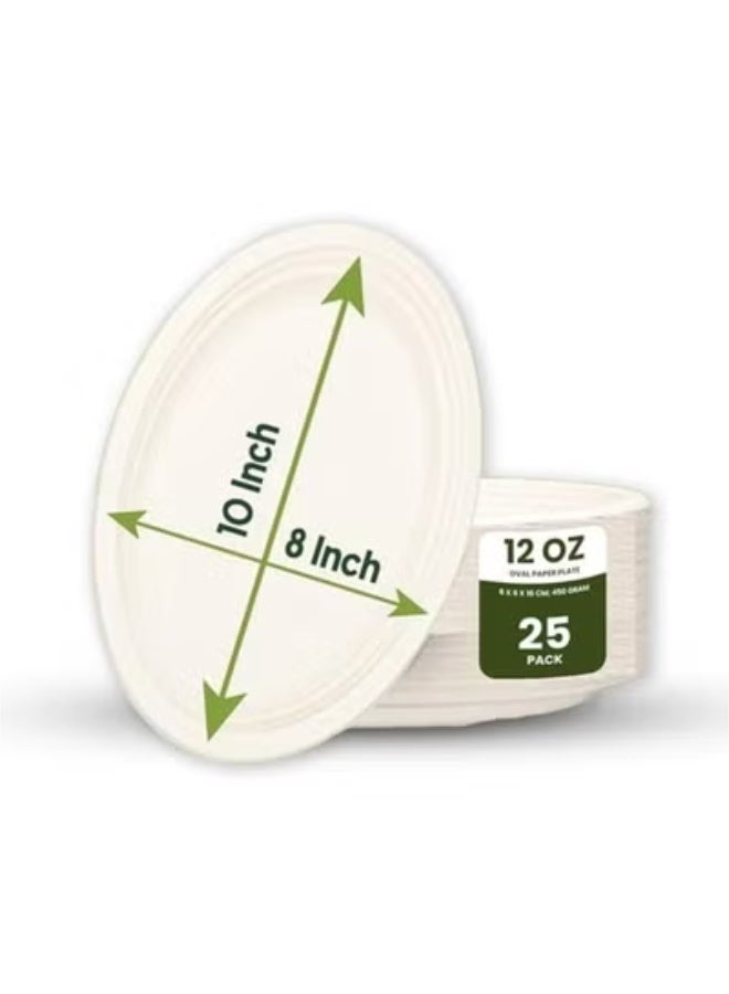 ايكواي ecoway 100% Compostable 12 OZ Paper Plate, Large Natural Oval Paper Plate, Heavy Duty Degradable Bagasse Disposable Oval Dinner Plate, Pack of 25 - Image 1