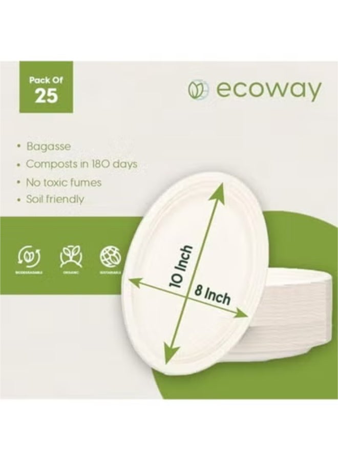 ايكواي ecoway 100% Compostable 12 OZ Paper Plate, Large Natural Oval Paper Plate, Heavy Duty Degradable Bagasse Disposable Oval Dinner Plate, Pack of 25 - Image 2
