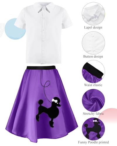 Silicherry 1950s Kids Poodle Skirt 50s Sock Hop Costume with Shirt Scarf Headband Earrings Glasses Socks(7-9 Years,Purple) - Image 3