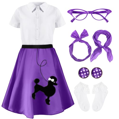 Silicherry 1950s Kids Poodle Skirt 50s Sock Hop Costume with Shirt Scarf Headband Earrings Glasses Socks(7-9 Years,Purple) - Image 1
