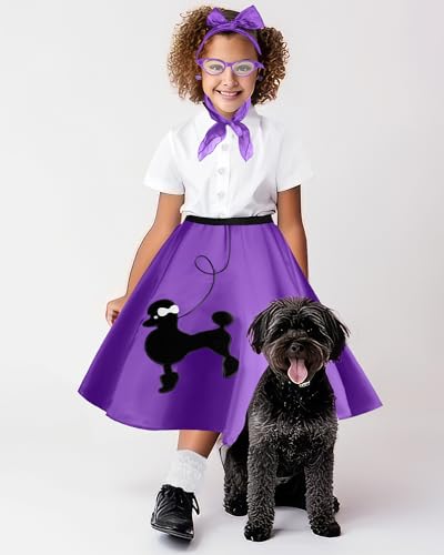 Silicherry 1950s Kids Poodle Skirt 50s Sock Hop Costume with Shirt Scarf Headband Earrings Glasses Socks(7-9 Years,Purple) - Image 5