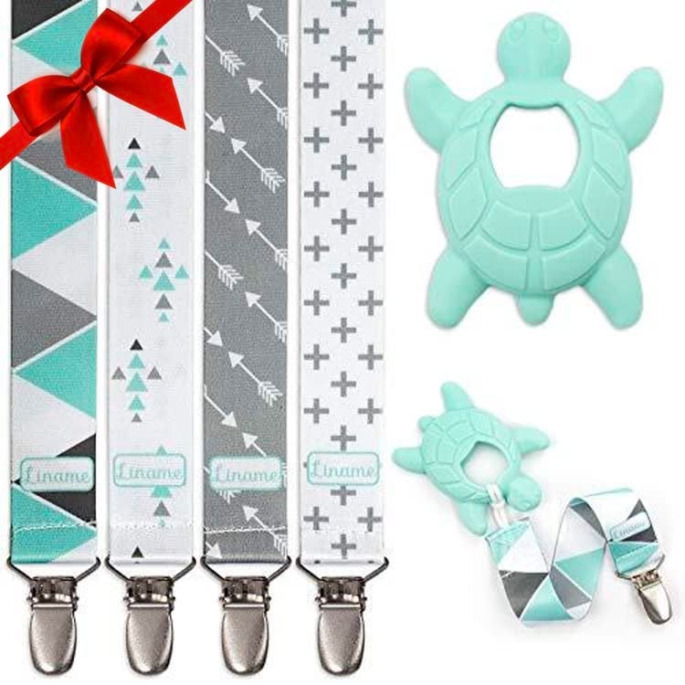 Liname Neutral Pacifier Clip with Teething Toy 4 Pack Pacifier Clips for Boys Girls Binky Holder Soothie Paci Clip Binkie Clip Unisex Pacifer Clip Baby Pacifier Clip and Pacifier Holder Mint