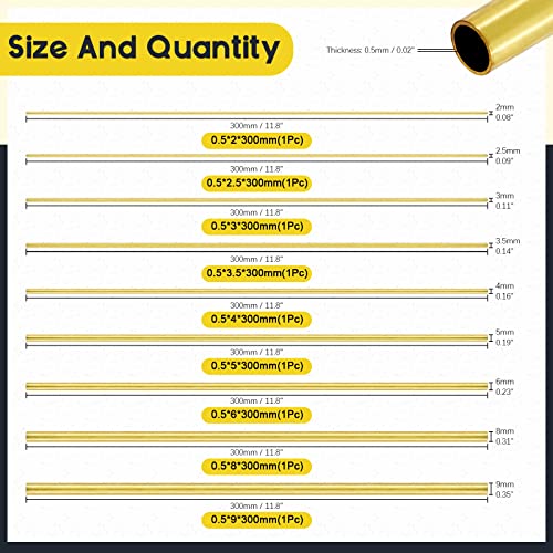 Mardatt 9 Pcs 9 Sizes Brass Round Tube Set, 2mm 2.5mm 3mm 3.5mm 4mm 5mm 6mm 8mm 9mm OD x 0.5mm Wall Thickness 300mm Length High Strength Seamless Straight Pipe Tubing for Hobby Model - Image 2
