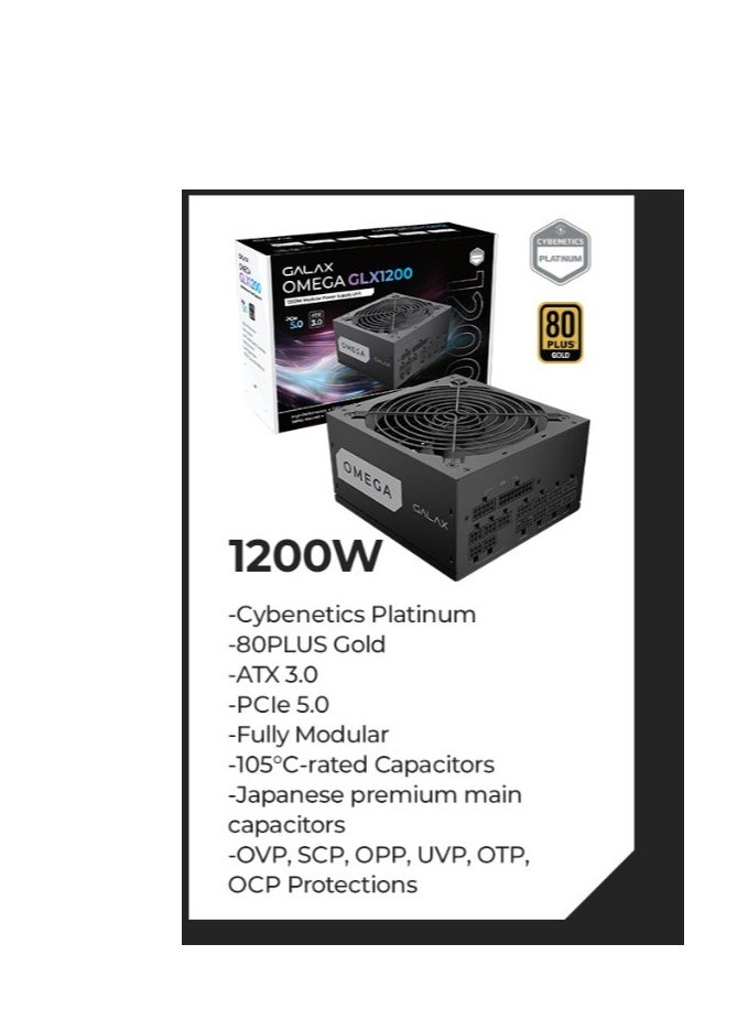 GALAX OMEGA GLX1200 Full-Modular Power Supply, 1200W Power, 80 PLUS Gold Efficiency, Cybenetics Platinum, 105° C-Rated Capacitors, 140mm Fluid Dynamic Bearing, Black  - Image 2