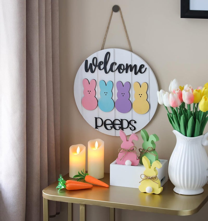 NEWLIGHTURE Easter Welcome Peeps Sign, Happy Easter Bunny Rabbit Door Sign, Spring Door hanger, Rustic Wood Wreath Sign for Easter Spring - Image 4