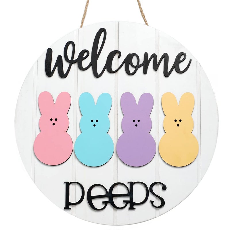NEWLIGHTURE Easter Welcome Peeps Sign, Happy Easter Bunny Rabbit Door Sign, Spring Door hanger, Rustic Wood Wreath Sign for Easter Spring - Image 1