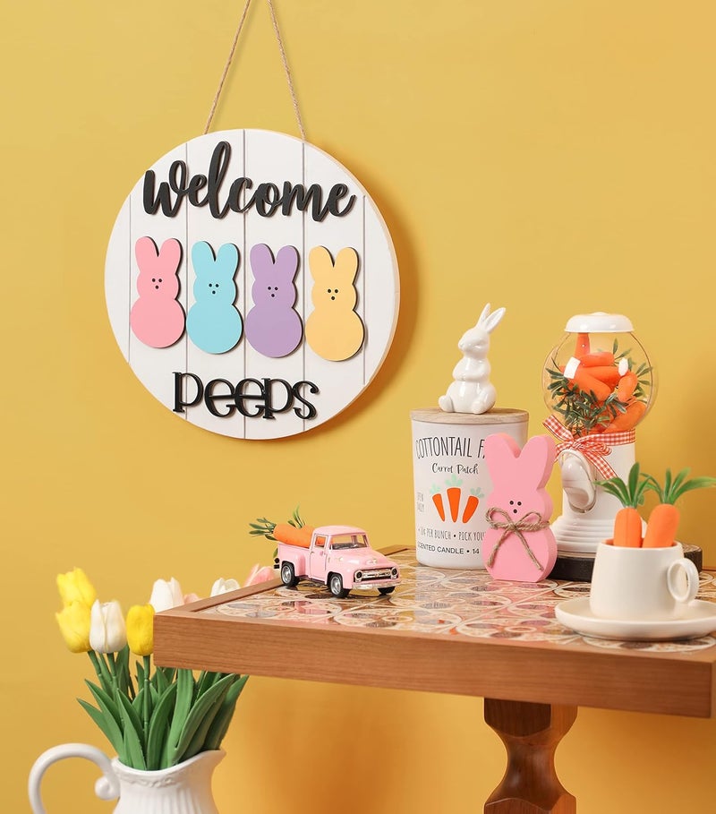 NEWLIGHTURE Easter Welcome Peeps Sign, Happy Easter Bunny Rabbit Door Sign, Spring Door hanger, Rustic Wood Wreath Sign for Easter Spring - Image 5