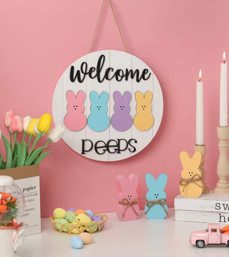 NEWLIGHTURE Easter Welcome Peeps Sign, Happy Easter Bunny Rabbit Door Sign, Spring Door hanger, Rustic Wood Wreath Sign for Easter Spring - Image 2