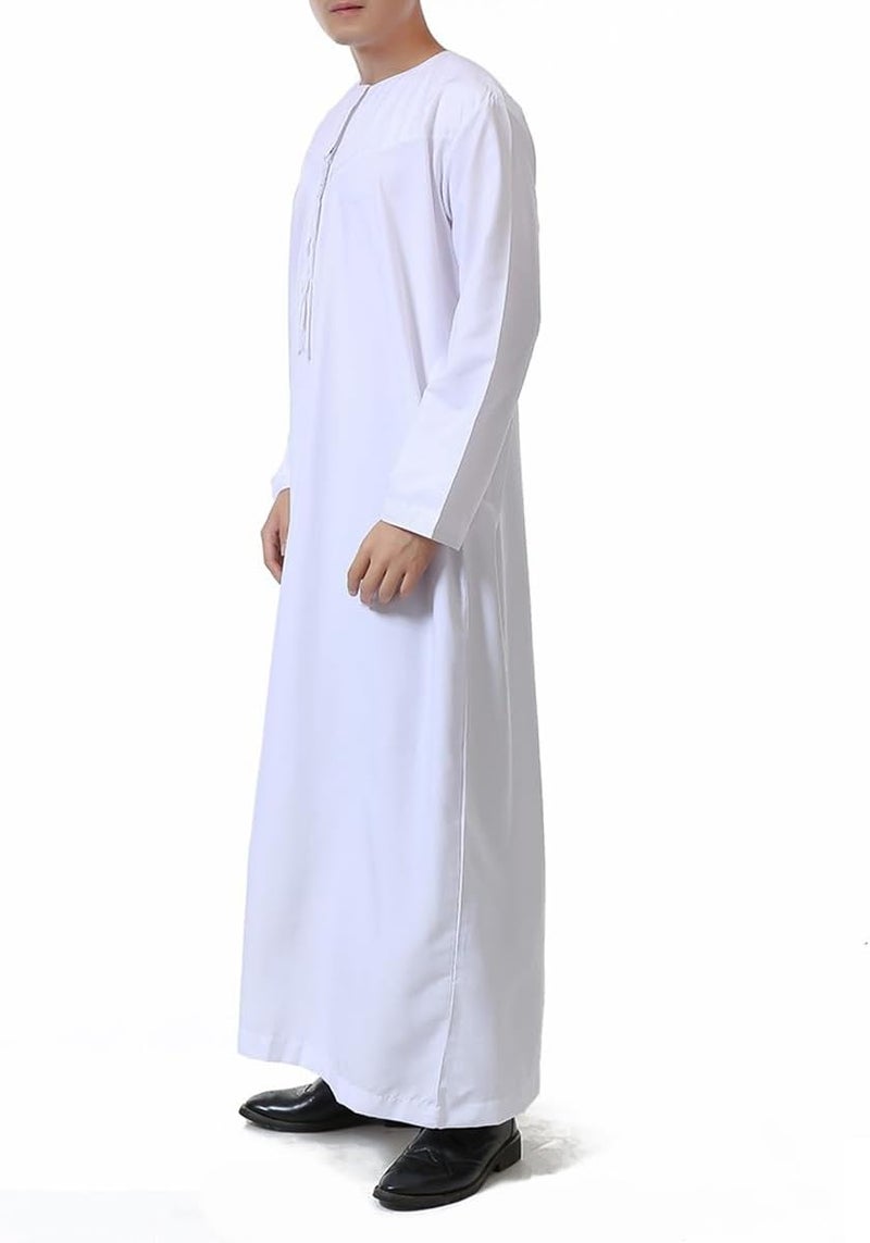 ORiTi Men's Long Sleeve Thobe - White Middle Eastern Robe with Round Collar - Image 4