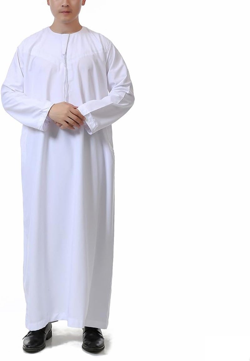 ORiTi Men's Long Sleeve Thobe - White Middle Eastern Robe with Round Collar - Image 1