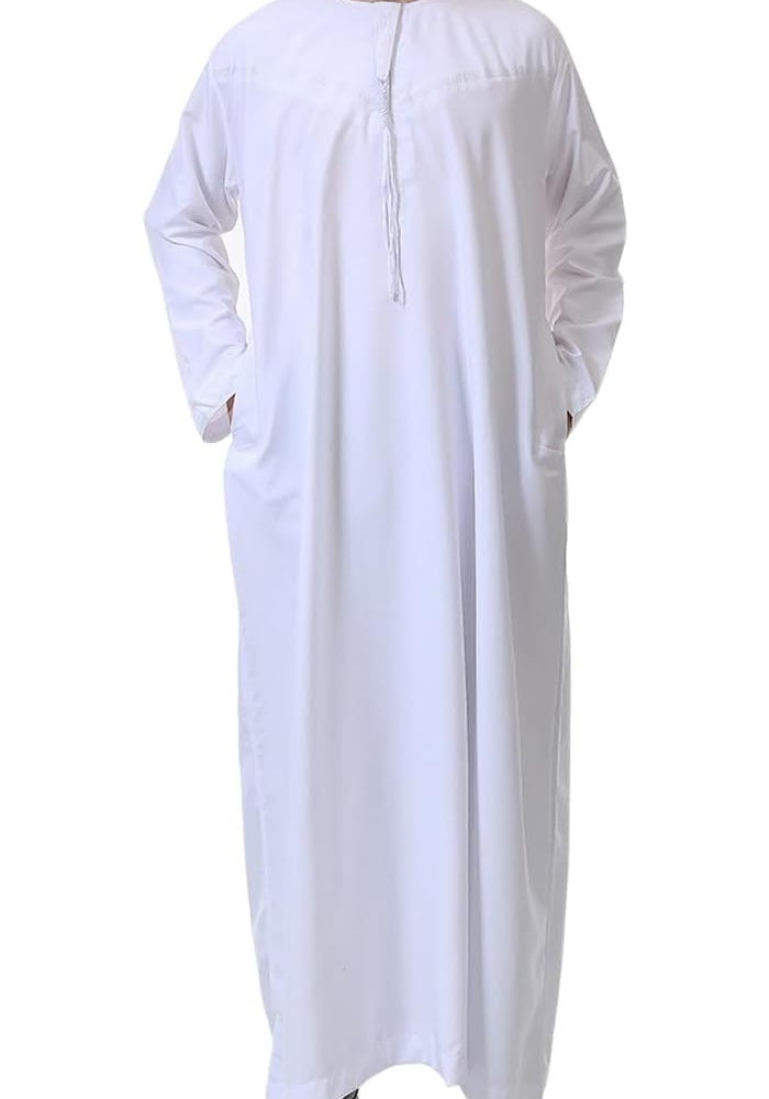 ORiTi Men's Long Sleeve Thobe - White Middle Eastern Robe with Round Collar - Image 3