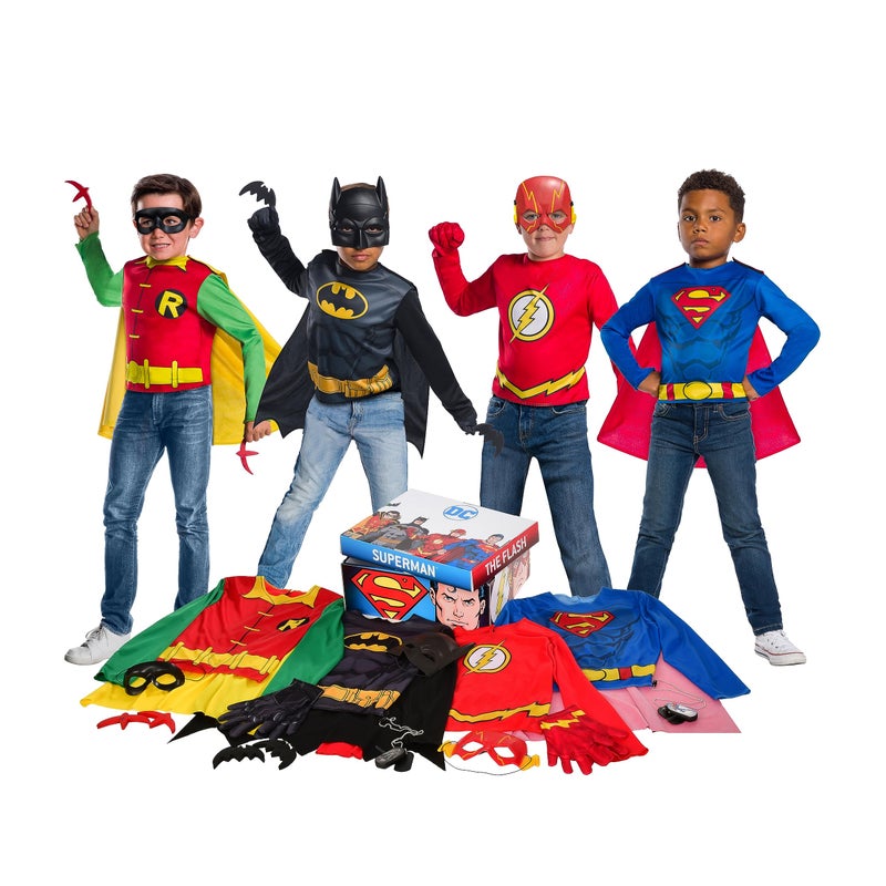 Rubies DC Comics Childs DressUp Trunk 21Piece Super Hero Set with Superman The Flash Batman and Robin Includes Capes Costume Tops Masks and Accessories