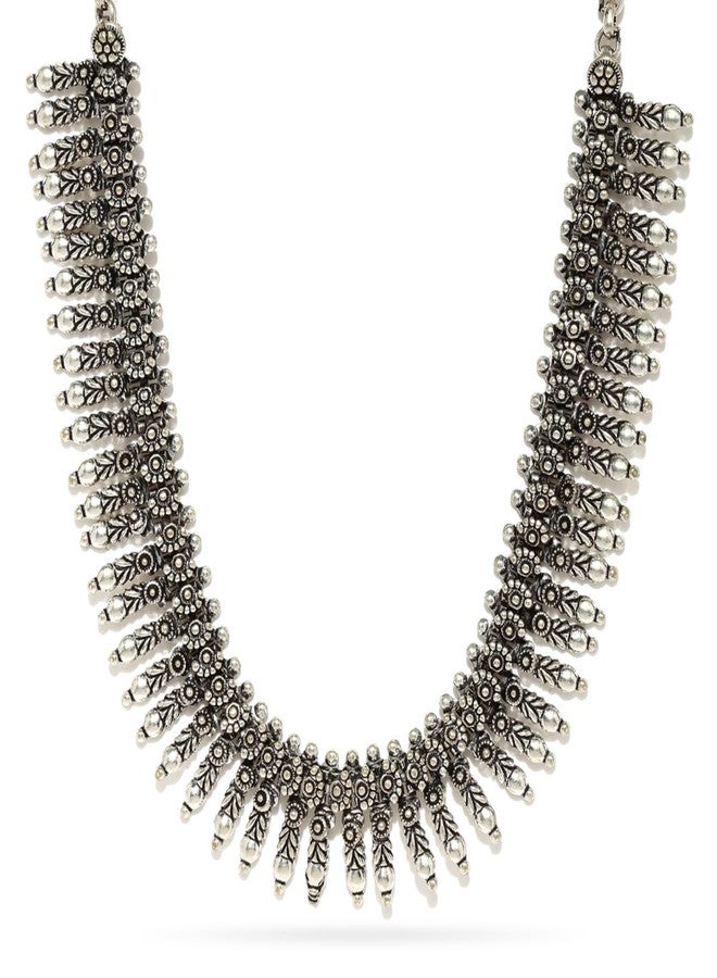 Rubans Oxidised Silver-Toned Textured Necklace For Women