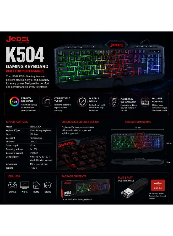 جي ديل كيبورد ألعاب سلكي Jedel K504 بإضاءة RGB – لوحة مفاتيح جيمينج 104 زر مع مفاتيح ملتي ميديا وتقنية Anti-Ghosting لأجهزة الكمبيوتر واللابتوب - Image 3