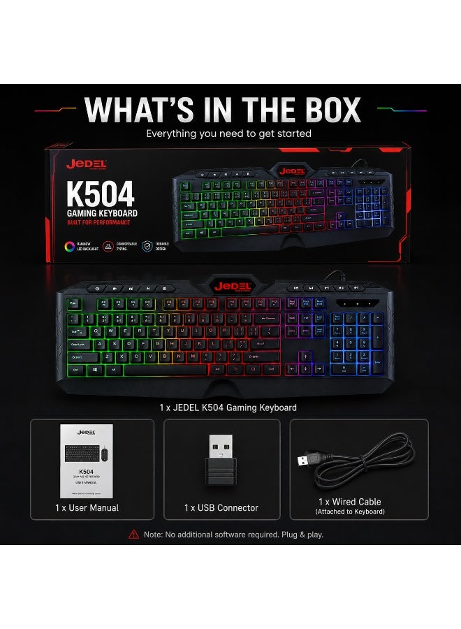 جي ديل كيبورد ألعاب سلكي Jedel K504 بإضاءة RGB – لوحة مفاتيح جيمينج 104 زر مع مفاتيح ملتي ميديا وتقنية Anti-Ghosting لأجهزة الكمبيوتر واللابتوب - Image 4