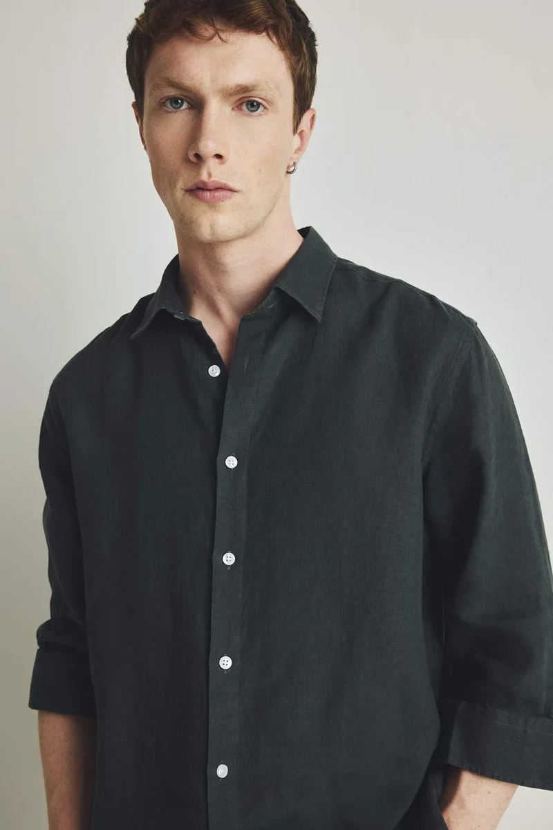 ديفاكتو 100% Linen Regular Fit Polo Collar Shirt