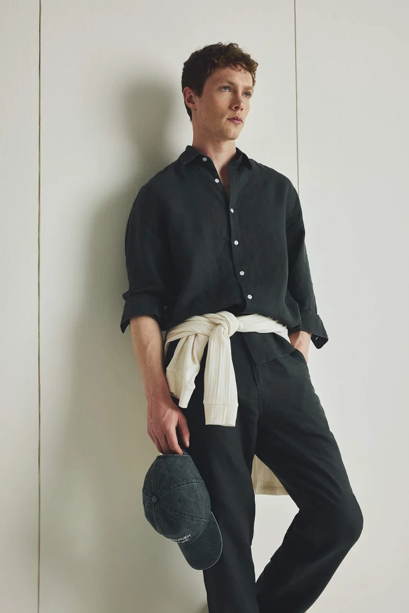 ديفاكتو 100% Linen Regular Fit Polo Collar Shirt