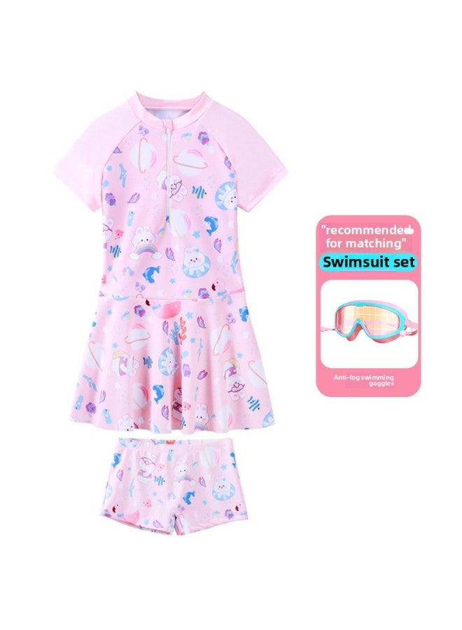 Children's Swimwear Girls' Western-style Dress Split Boxers Swimwear Girls' Training Special Swimsuit-Color:Pink 169 {clothes + Anti-fog Swimming Goggles}- - Image 1