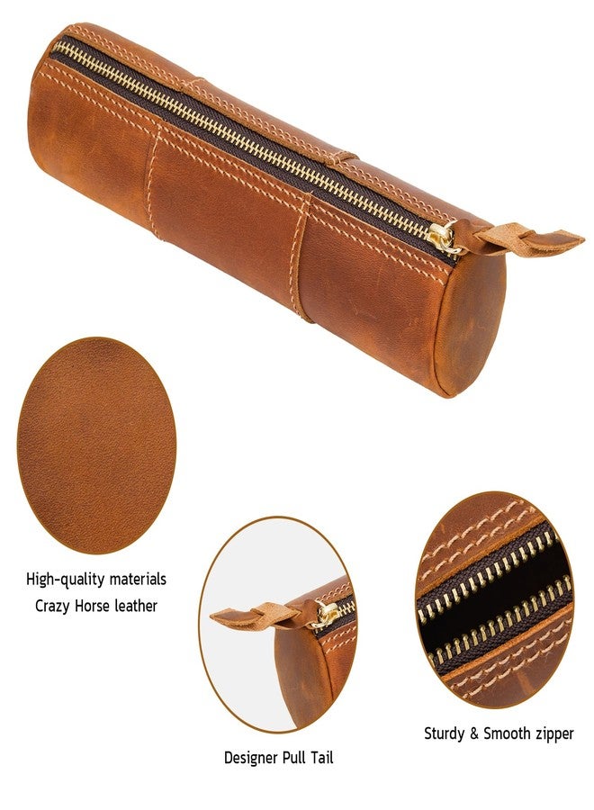 ECHSRT Genuine Leather Pencil Case, Full-Grain Cowhide Leather Pouch, Small Pencil Pouch for Men, Vintage Pen Bag for Adults, Stationery Organizer Case for Work & Travel-Cylinder-Brown - Image 4